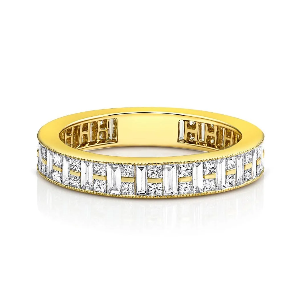 18kt Yellow Gold Channel Set Baguette & Princess Cut Diamond Band