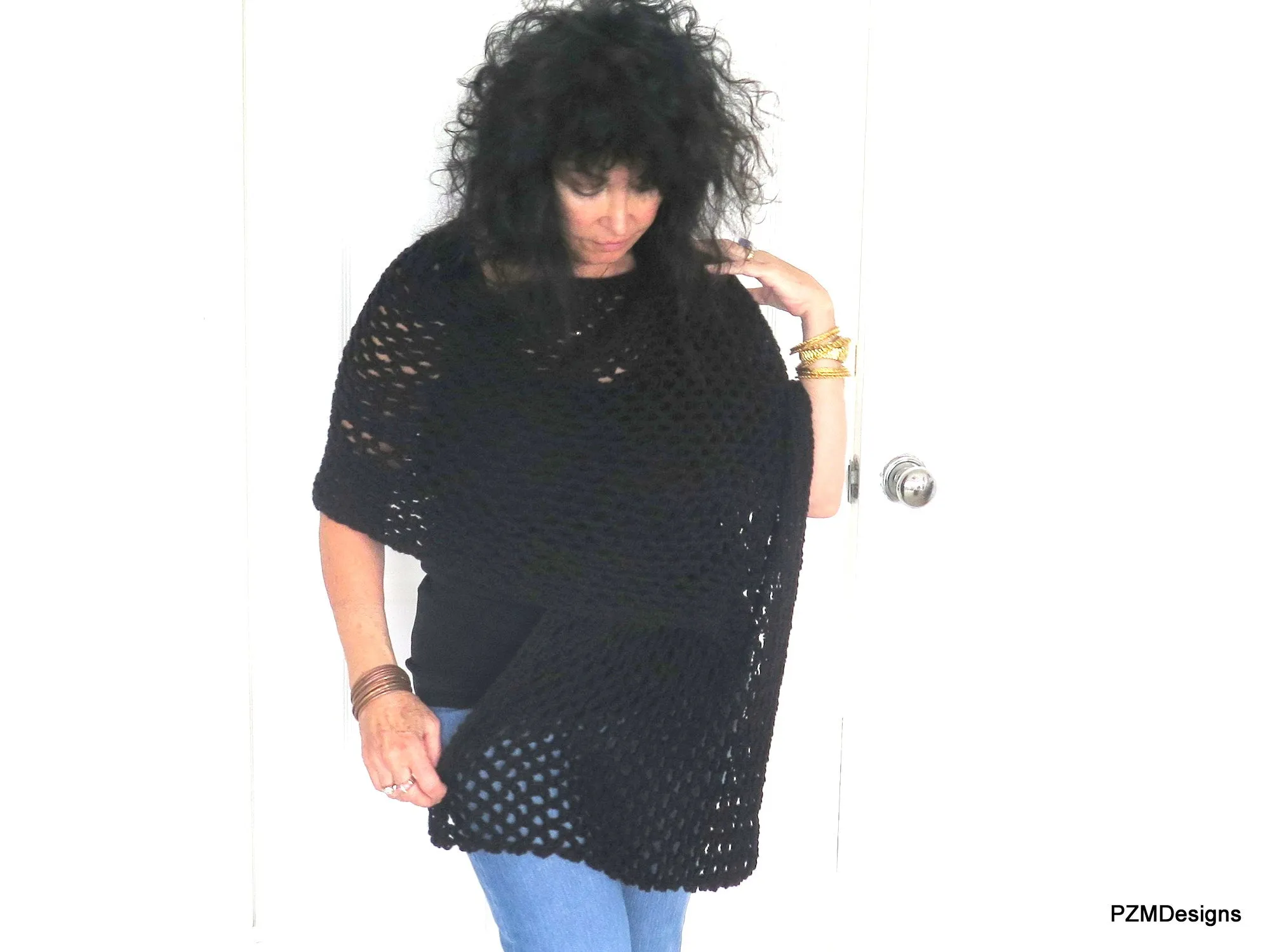 Black Fishnet Shawl, Hand Crochet Evening Wrap