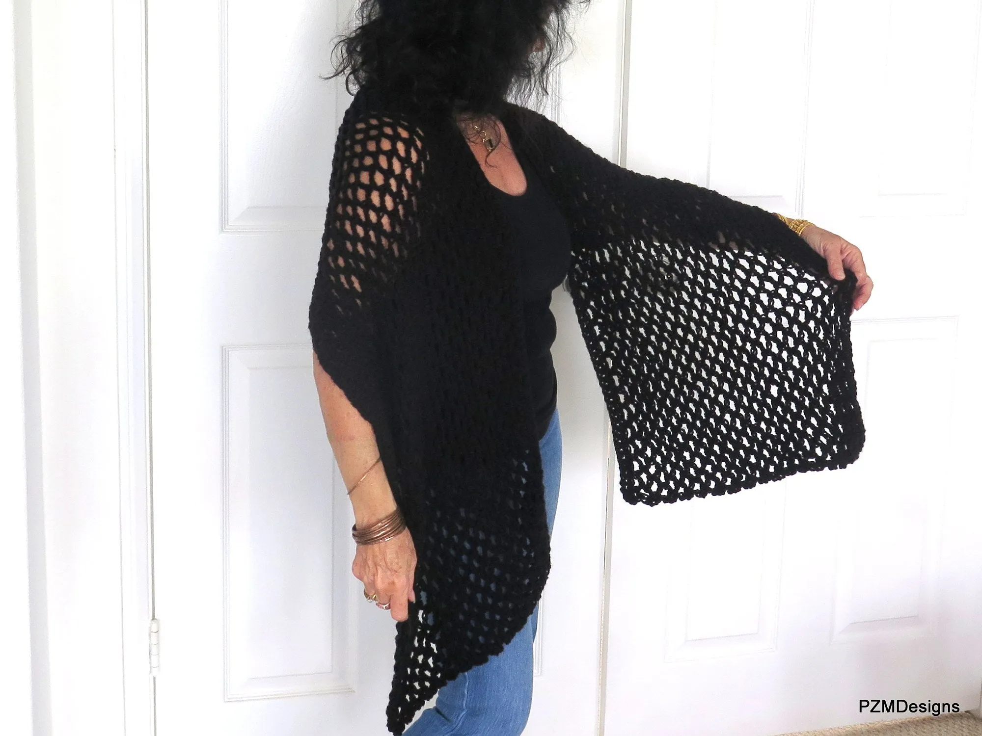 Black Fishnet Shawl, Hand Crochet Evening Wrap