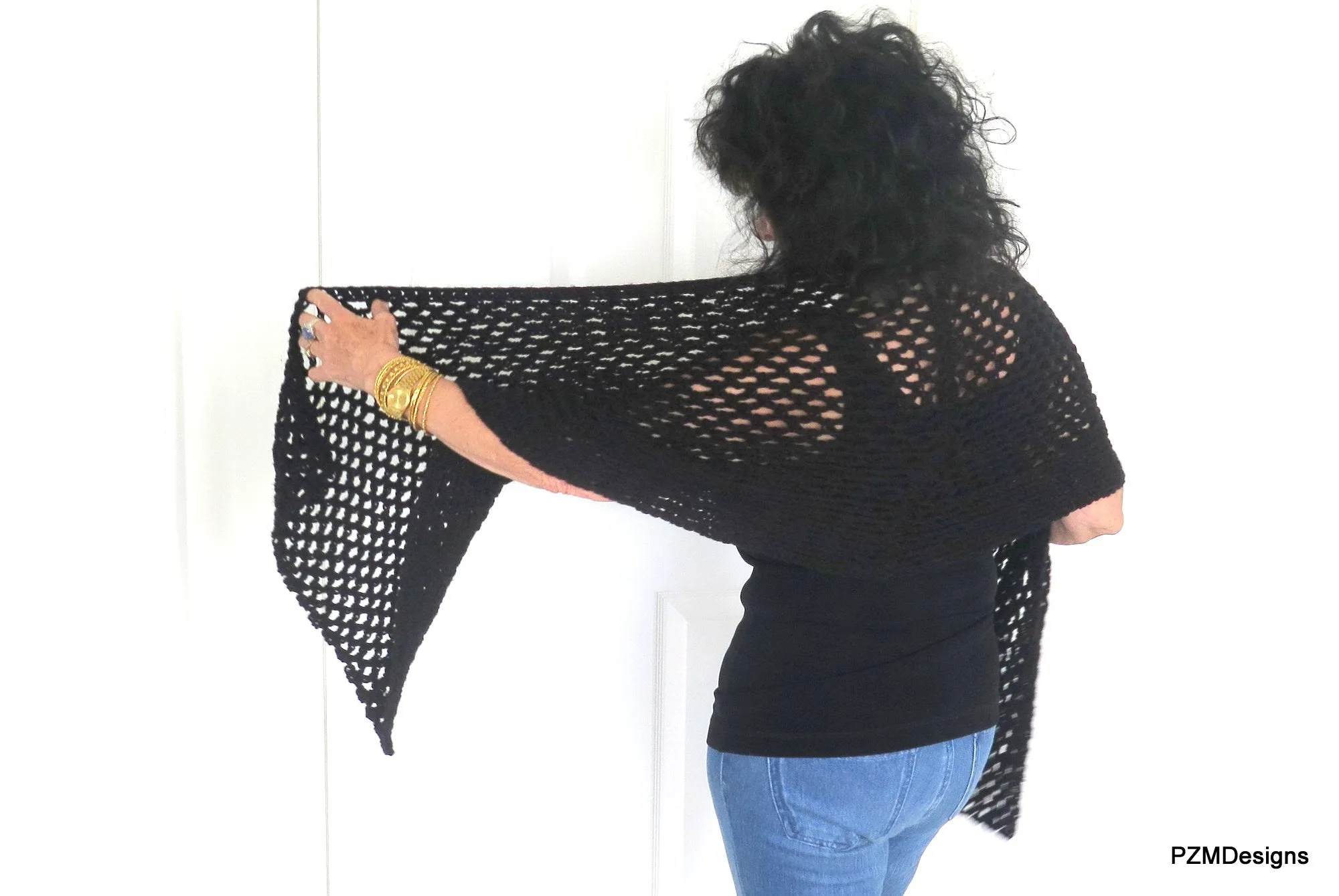 Black Fishnet Shawl, Hand Crochet Evening Wrap