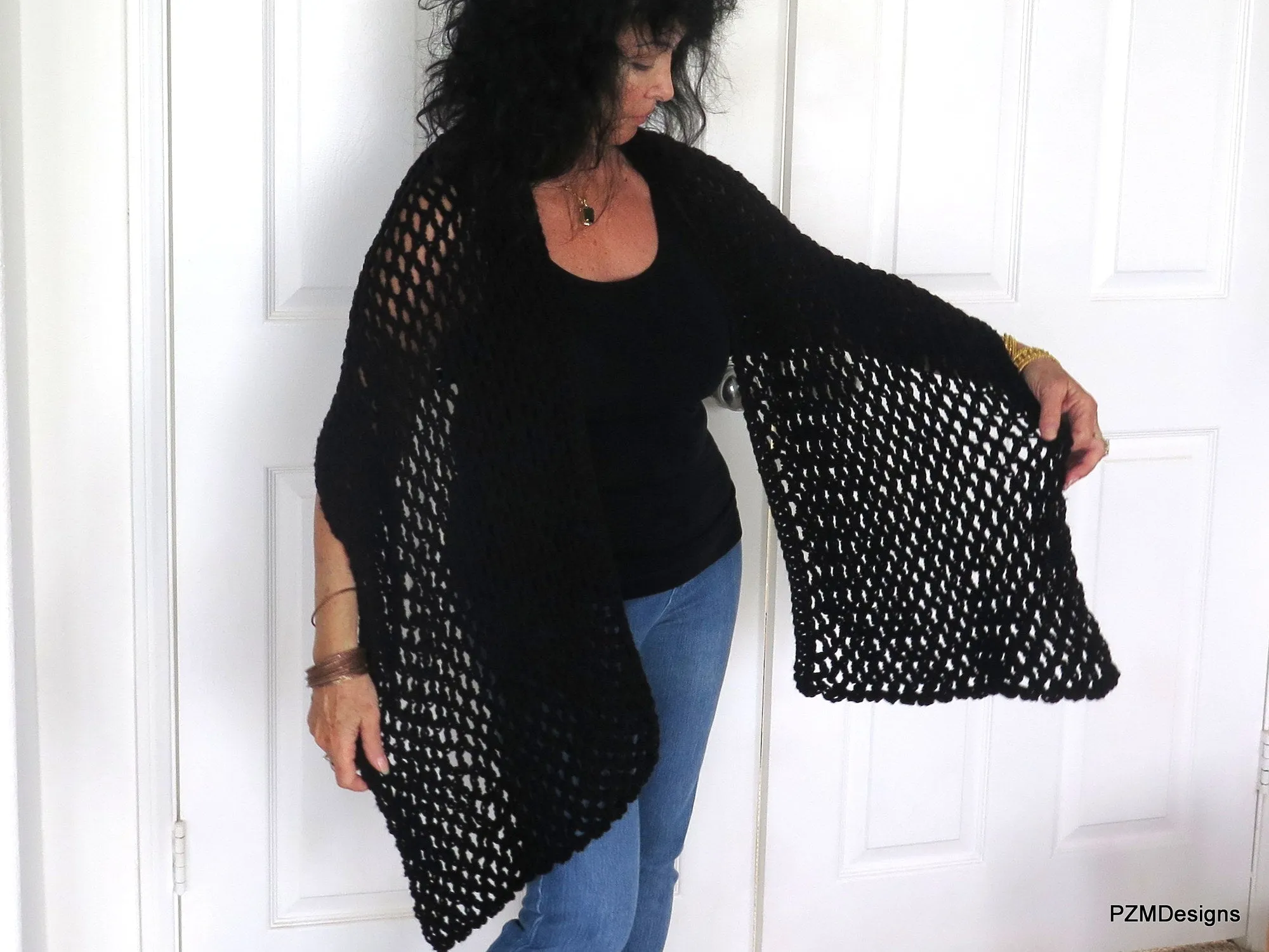 Black Fishnet Shawl, Hand Crochet Evening Wrap