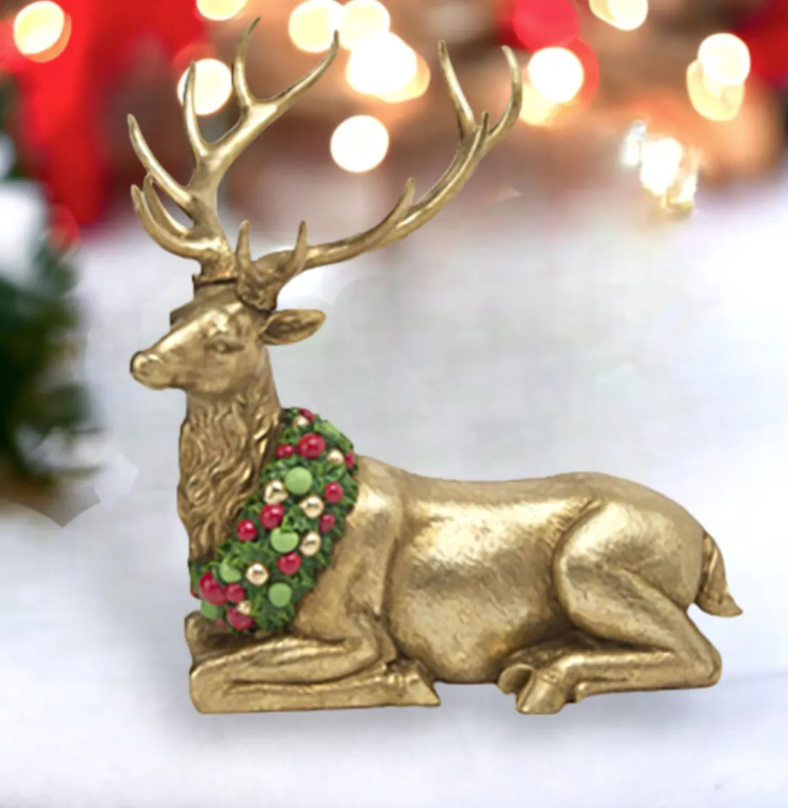 Christmas Carousel Collection 17" Gold Deer Laying with Neck Wreath