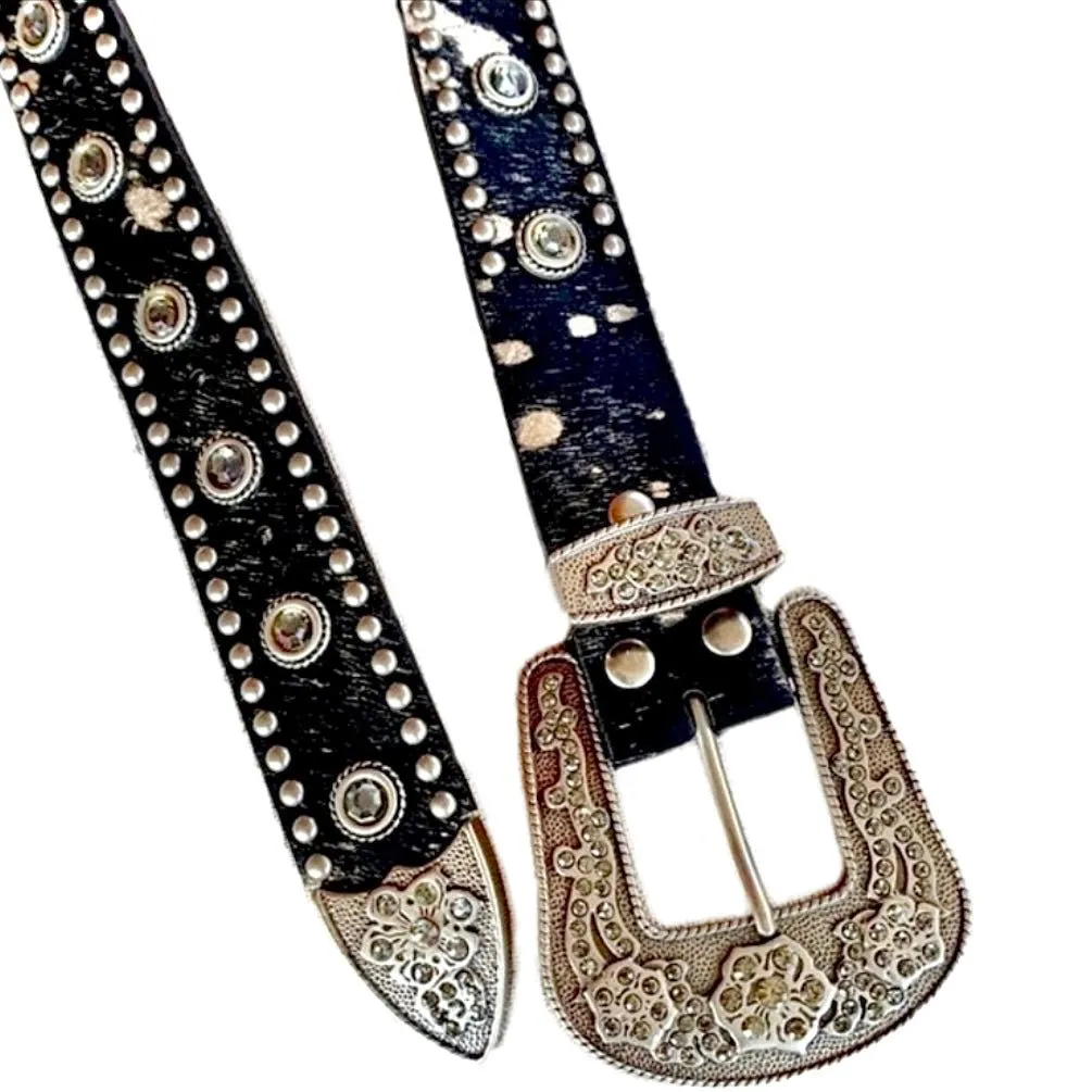 Cowhide Calf Hair On Pony Black Leather Studded Silver Crystals Western Belt