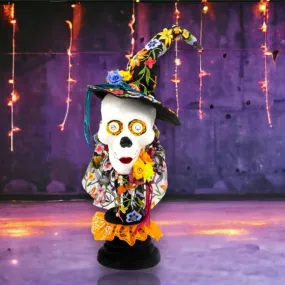 December Diamonds Day Of The Dead Halloween 24 inch Skeleton w/Witch Hat on Pedestal