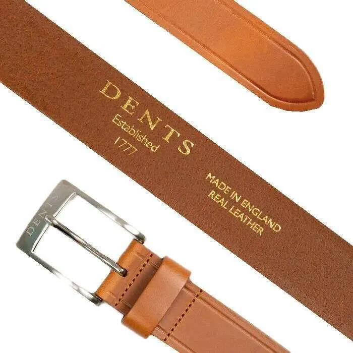 Dents Heritage Satin Nickel Buckle Embossed Edge Full-Grain Leather Belt - Tan