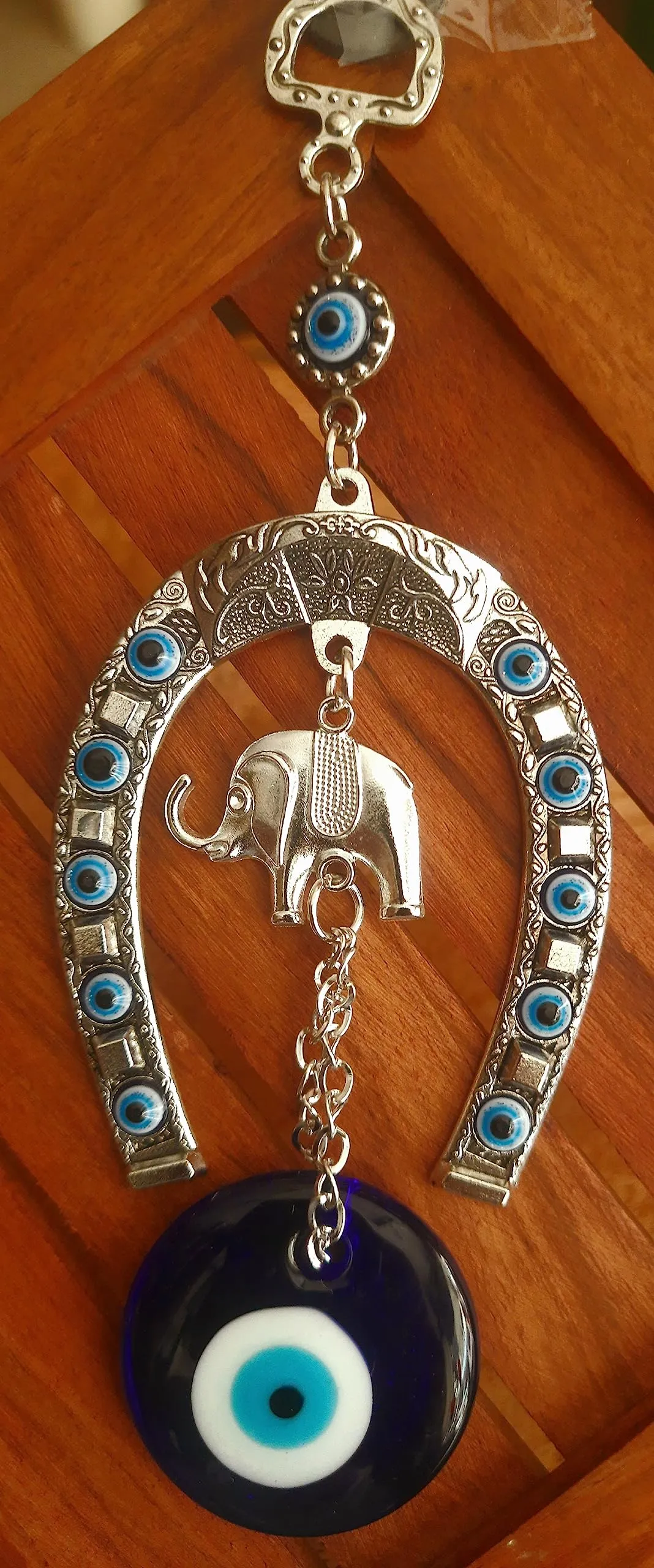 DT DECTONE Stainless Steel Evil Eye Hanging For Home Main Door Entrance, House Door Decoration, Horseshoe With Elephant Nazar Battu For Home Protection, Prosperity At Office And Home, Blue