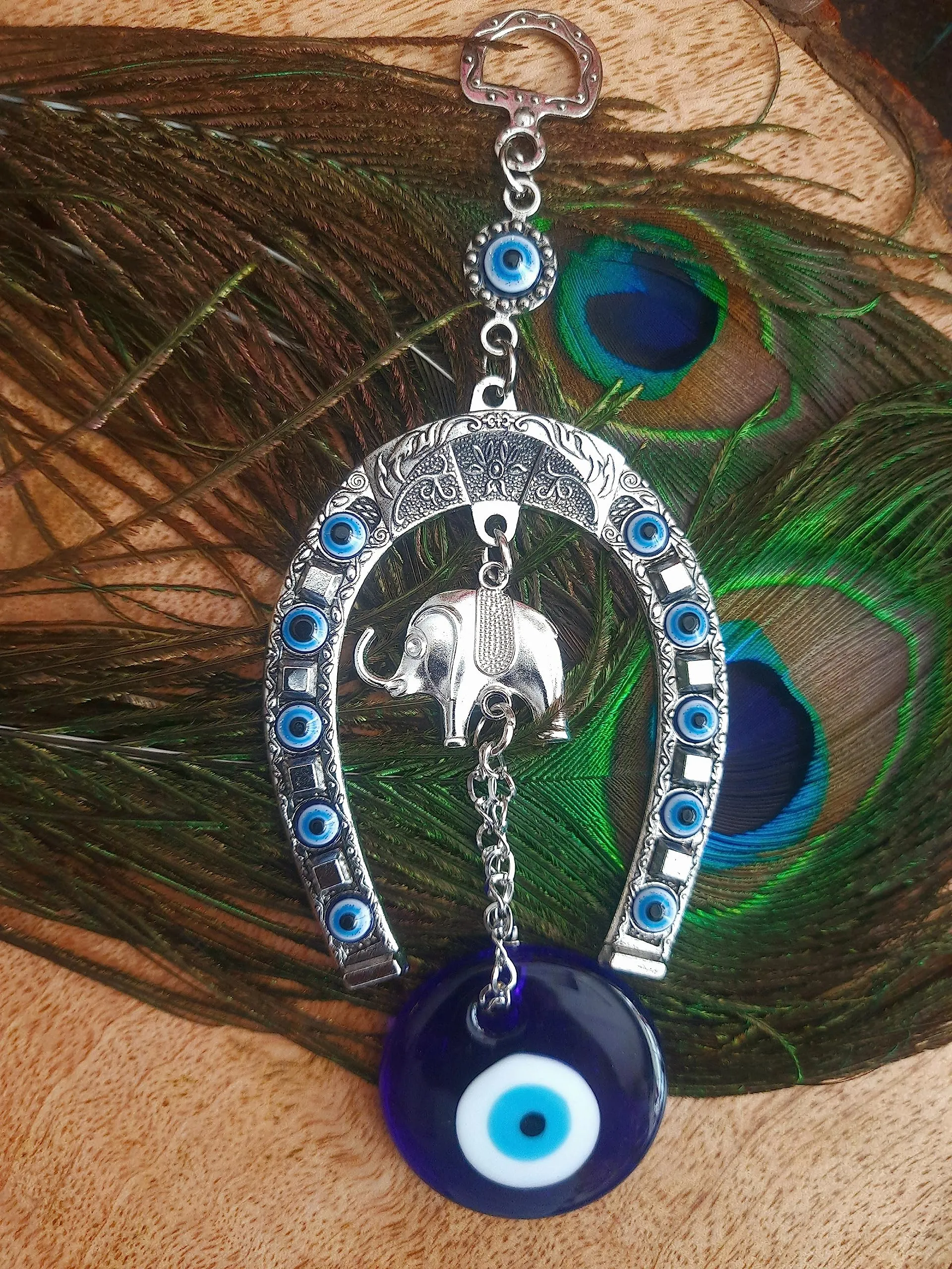 DT DECTONE Stainless Steel Evil Eye Hanging For Home Main Door Entrance, House Door Decoration, Horseshoe With Elephant Nazar Battu For Home Protection, Prosperity At Office And Home, Blue