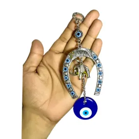 DT DECTONE Stainless Steel Evil Eye Hanging For Home Main Door Entrance, House Door Decoration, Horseshoe With Elephant Nazar Battu For Home Protection, Prosperity At Office And Home, Blue