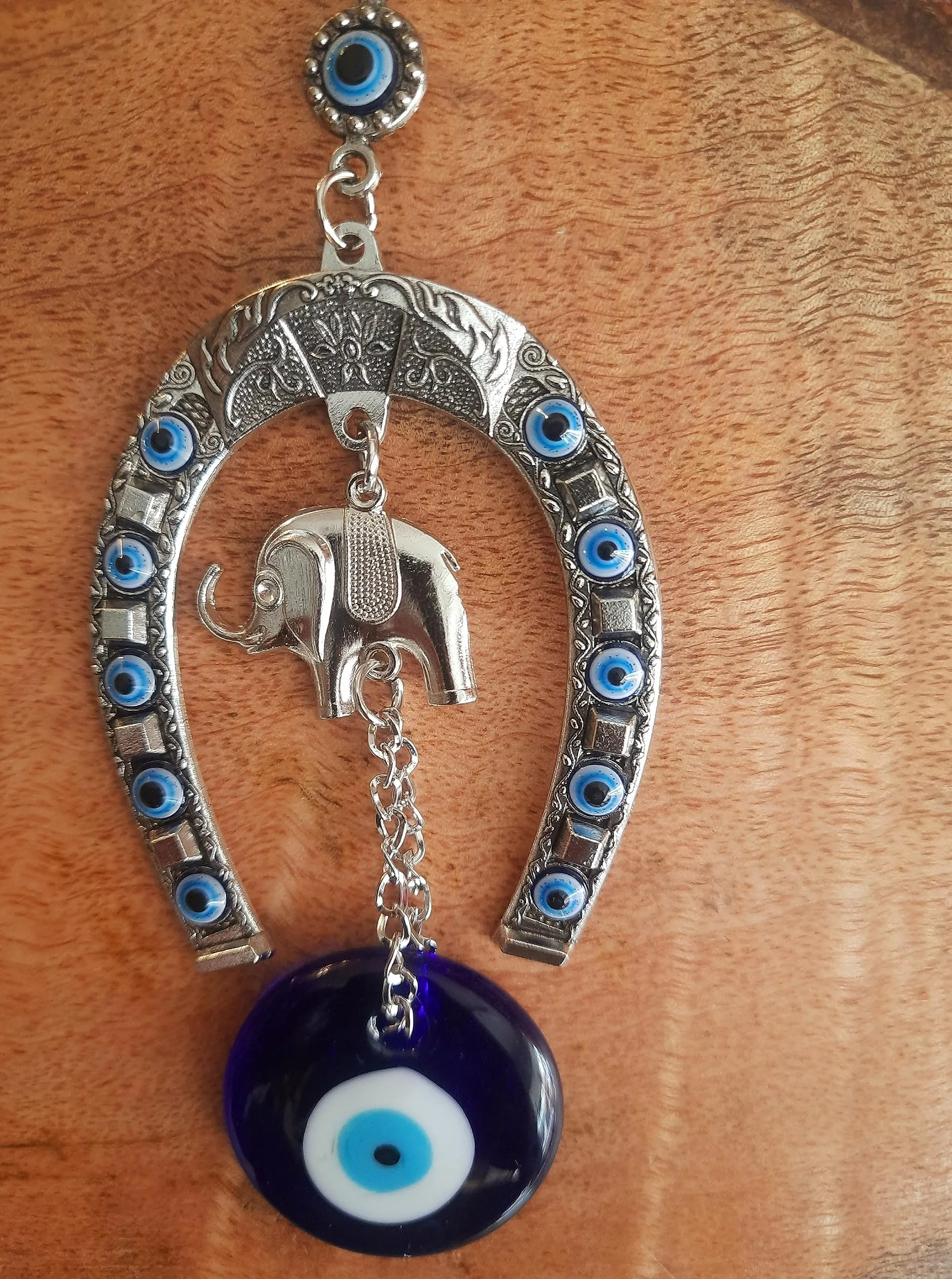 DT DECTONE Stainless Steel Evil Eye Hanging For Home Main Door Entrance, House Door Decoration, Horseshoe With Elephant Nazar Battu For Home Protection, Prosperity At Office And Home, Blue