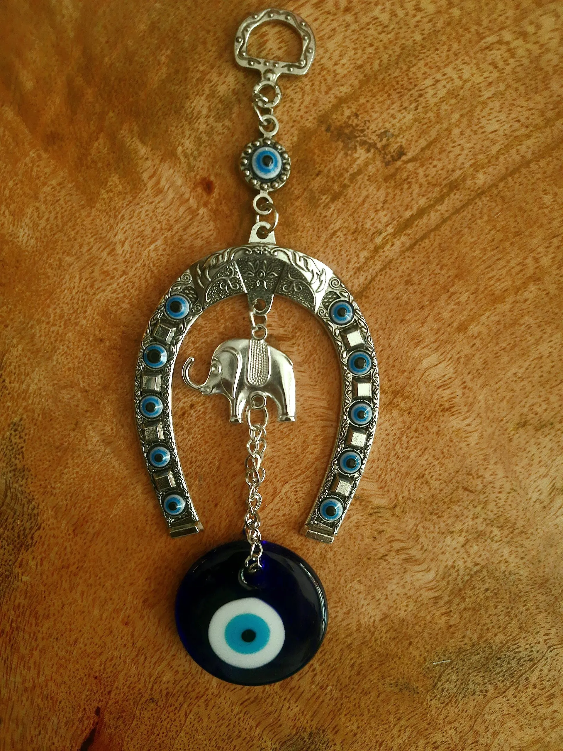 DT DECTONE Stainless Steel Evil Eye Hanging For Home Main Door Entrance, House Door Decoration, Horseshoe With Elephant Nazar Battu For Home Protection, Prosperity At Office And Home, Blue