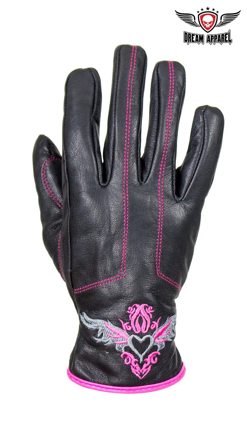 Embroidered Pink Heart Graphic Naked Leather Gloves