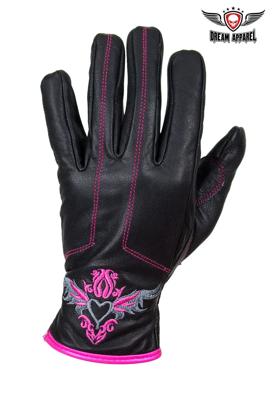 Embroidered Pink Heart Graphic Naked Leather Gloves