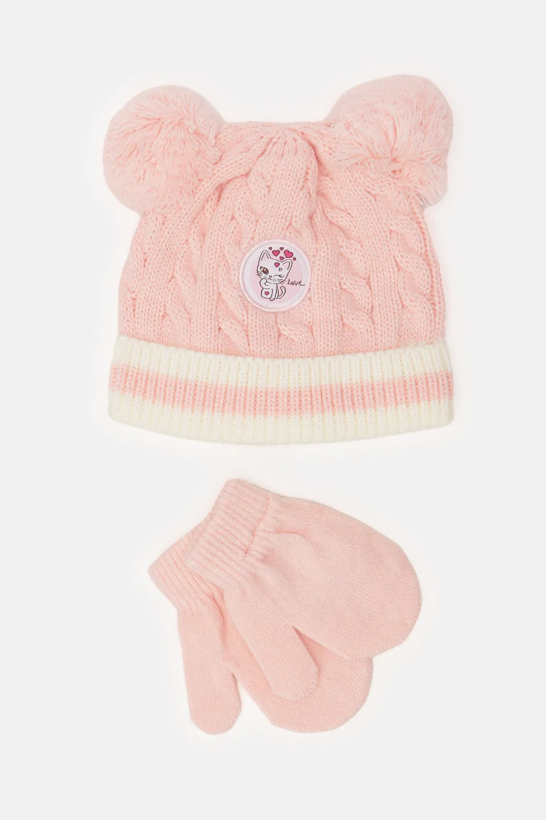 Girls Pink Knitted Cap With Gloves Set (2 Piece)