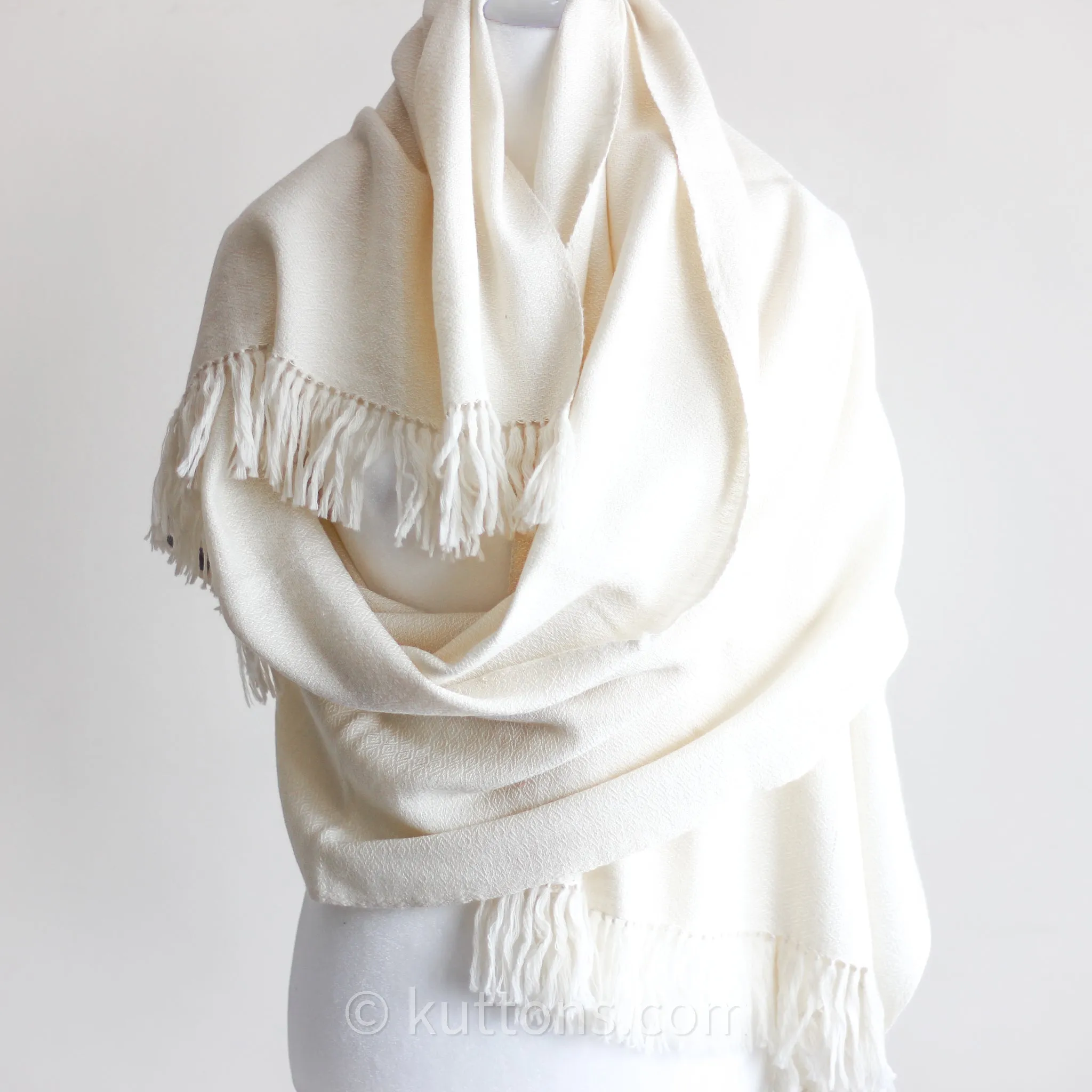 Handwoven Eri (Peaceful) Silk & Merino Wool Shawl - Soft, Cozy, Lightweight Wrap | Cream-White, 24x84"