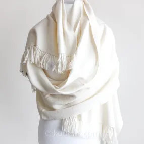 Handwoven Eri (Peaceful) Silk & Merino Wool Shawl - Soft, Cozy, Lightweight Wrap | Cream-White, 24x84"