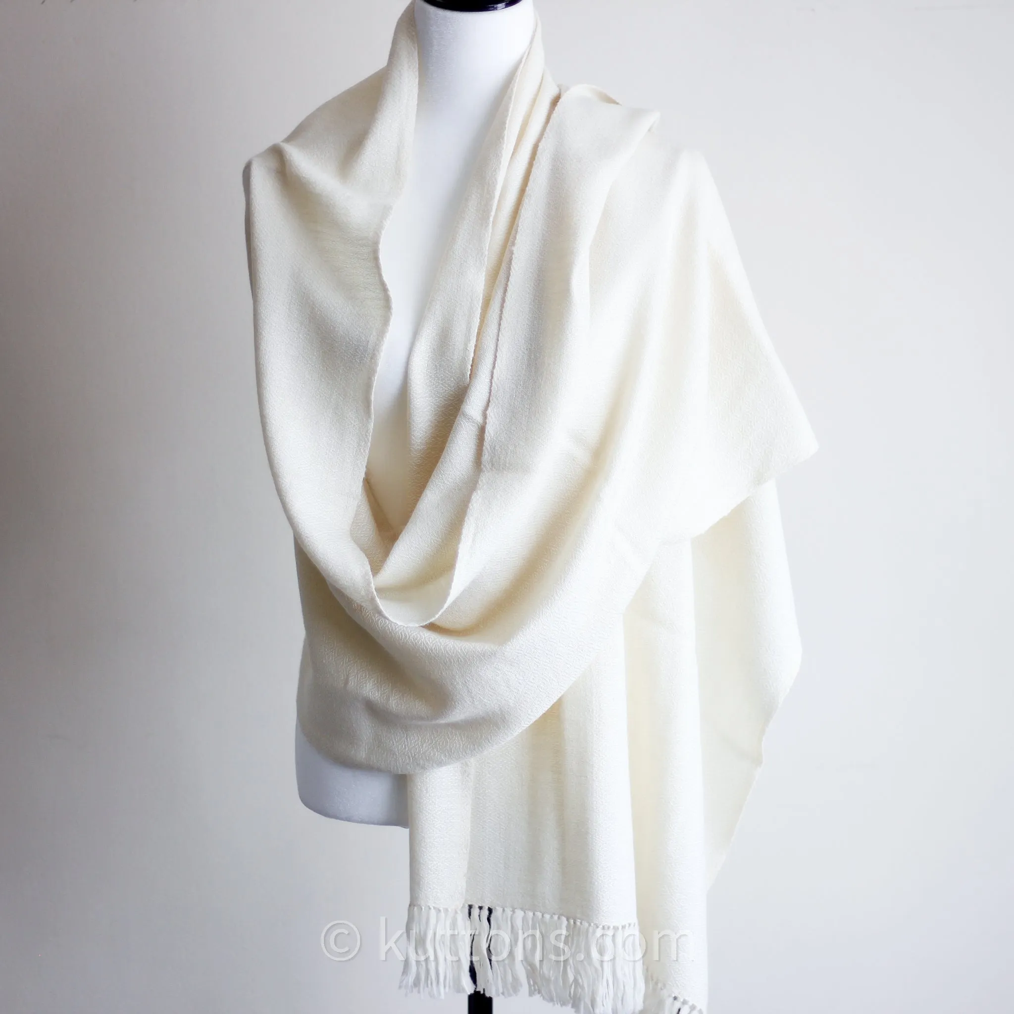 Handwoven Eri (Peaceful) Silk & Merino Wool Shawl - Soft, Cozy, Lightweight Wrap | Cream-White, 24x84"