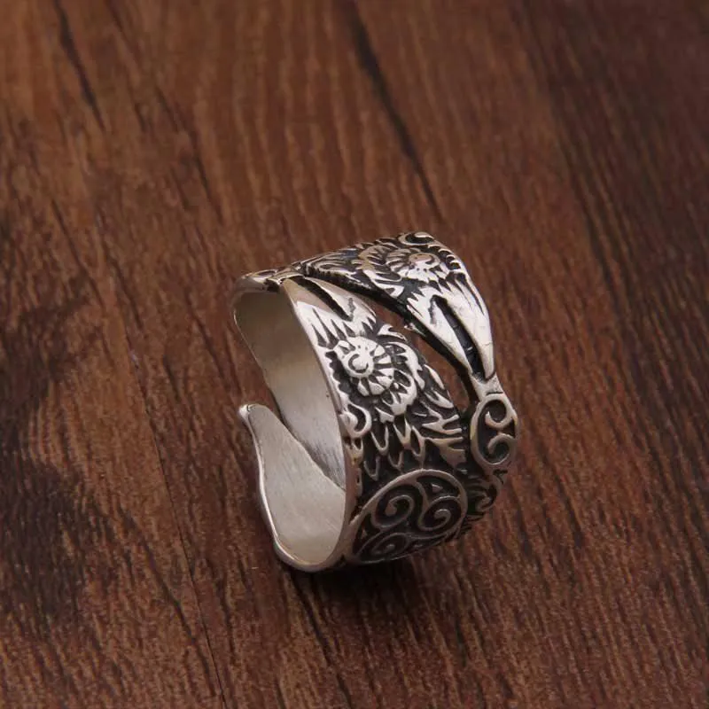 Hugin and Munin Raven Ring - Sterling Silver