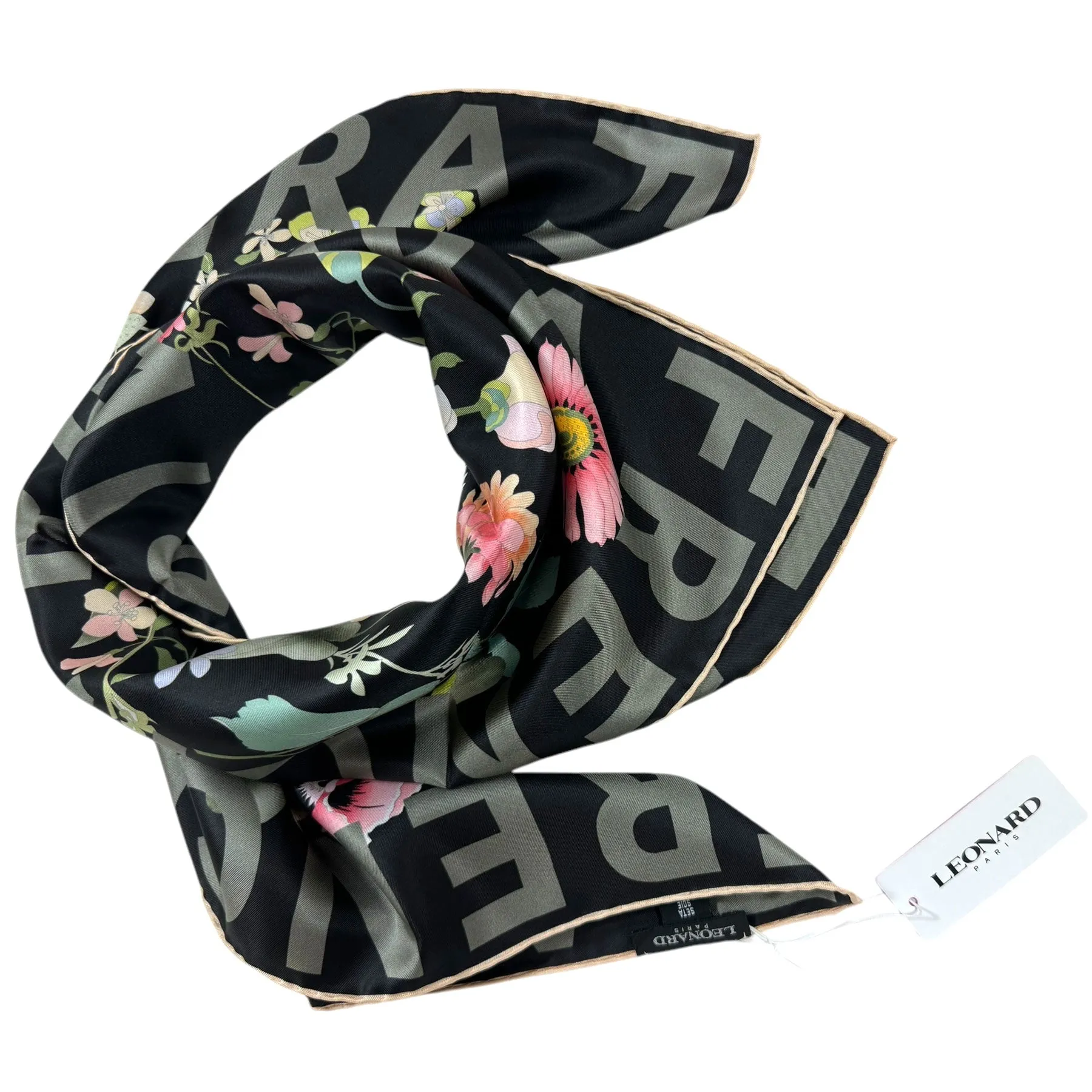 Leonard Paris Scarf Black Gray French Riviera Floral - Twill Silk Large Square Scarf