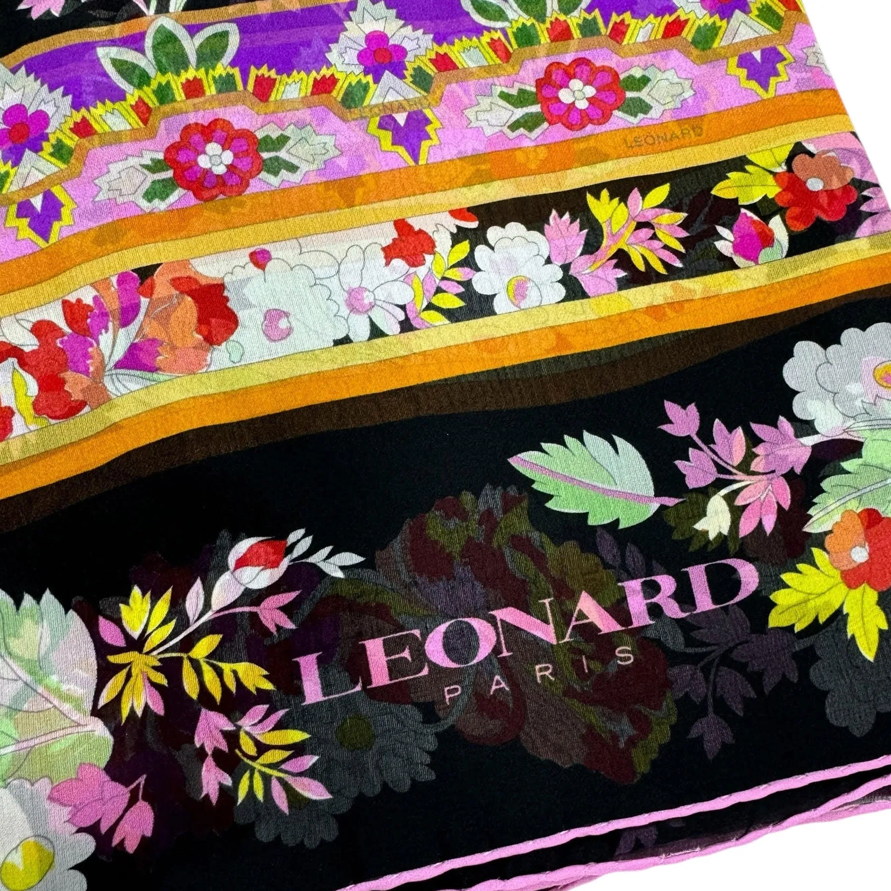 Leonard Paris Scarf Black Yellow Orange Floral - Chiffon Silk Shawl SALE