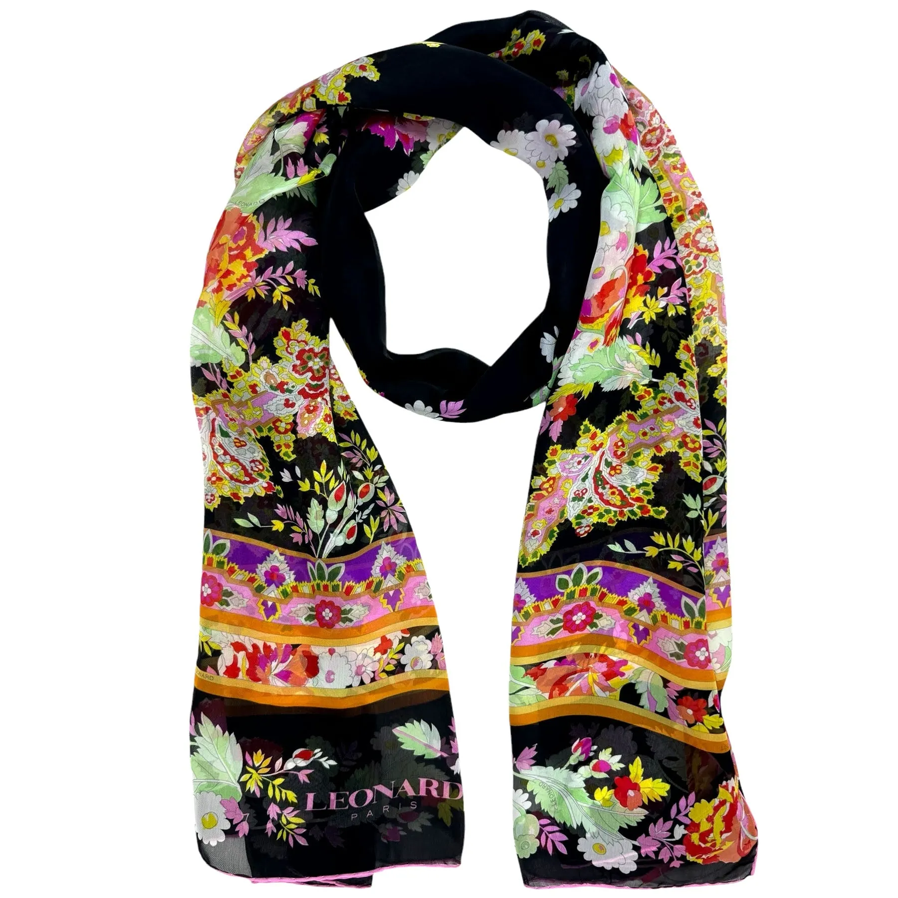 Leonard Paris Scarf Black Yellow Orange Floral - Chiffon Silk Shawl SALE