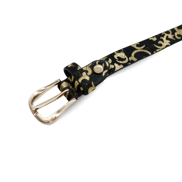 LORNA - Women's Black Genuine Leather Belt with Gold Print