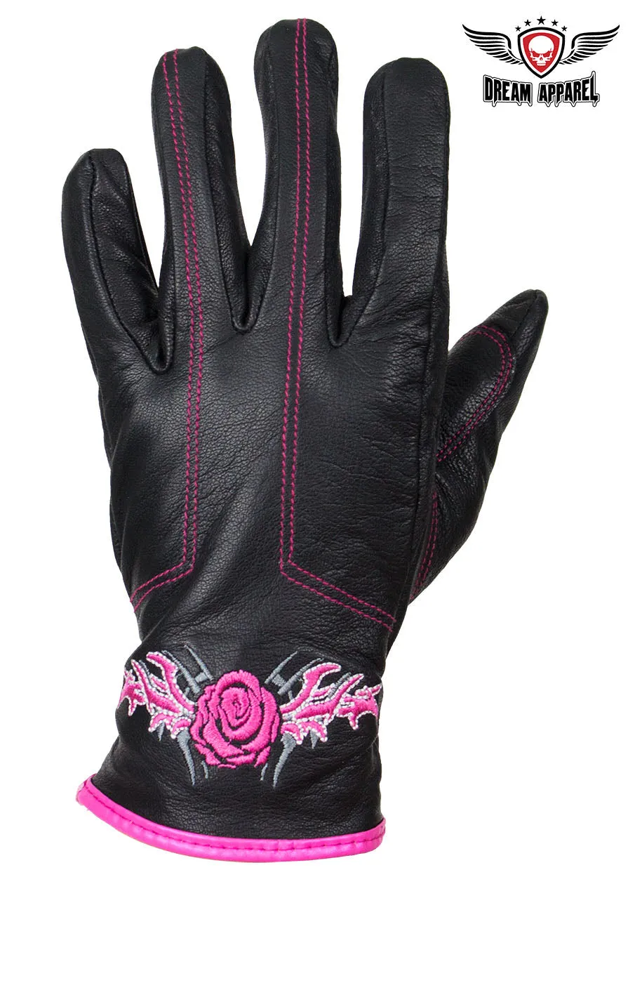 Pink-Rose Graphic Embroidered Leather Gloves