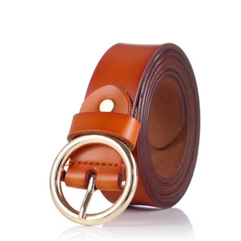 Round Buckled Genuine Cow Leather Belt for Women