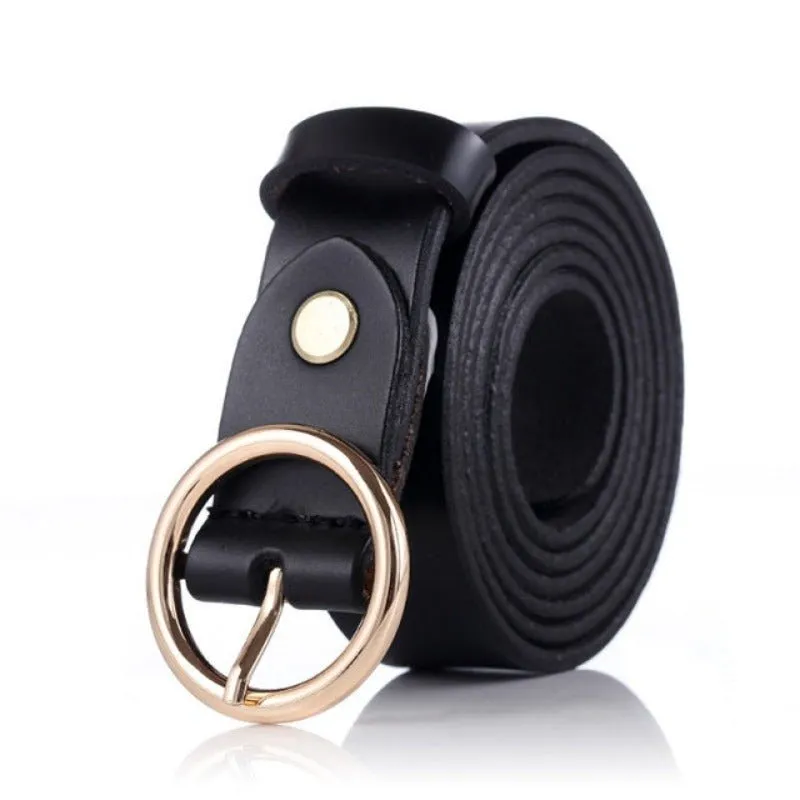 Round Buckled Genuine Cow Leather Belt for Women