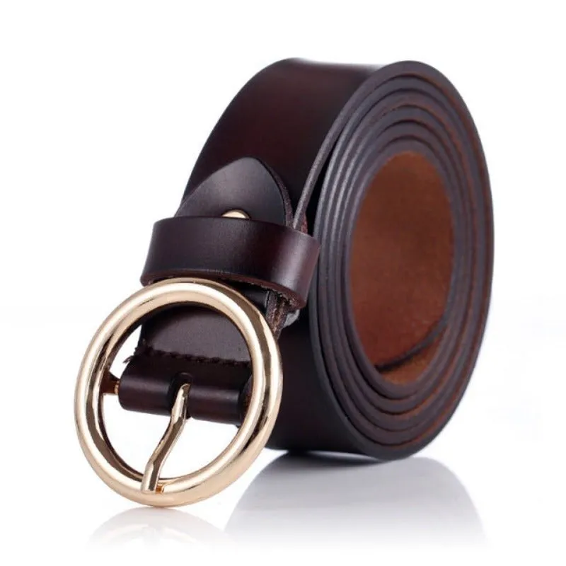 Round Buckled Genuine Cow Leather Belt for Women