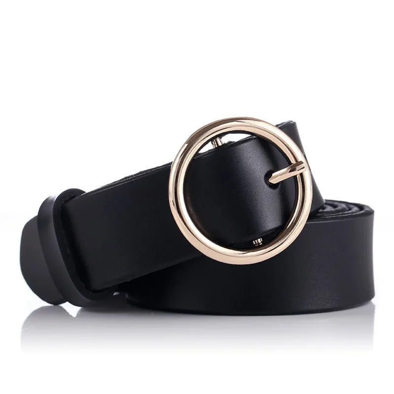 Round Buckled Genuine Cow Leather Belt for Women