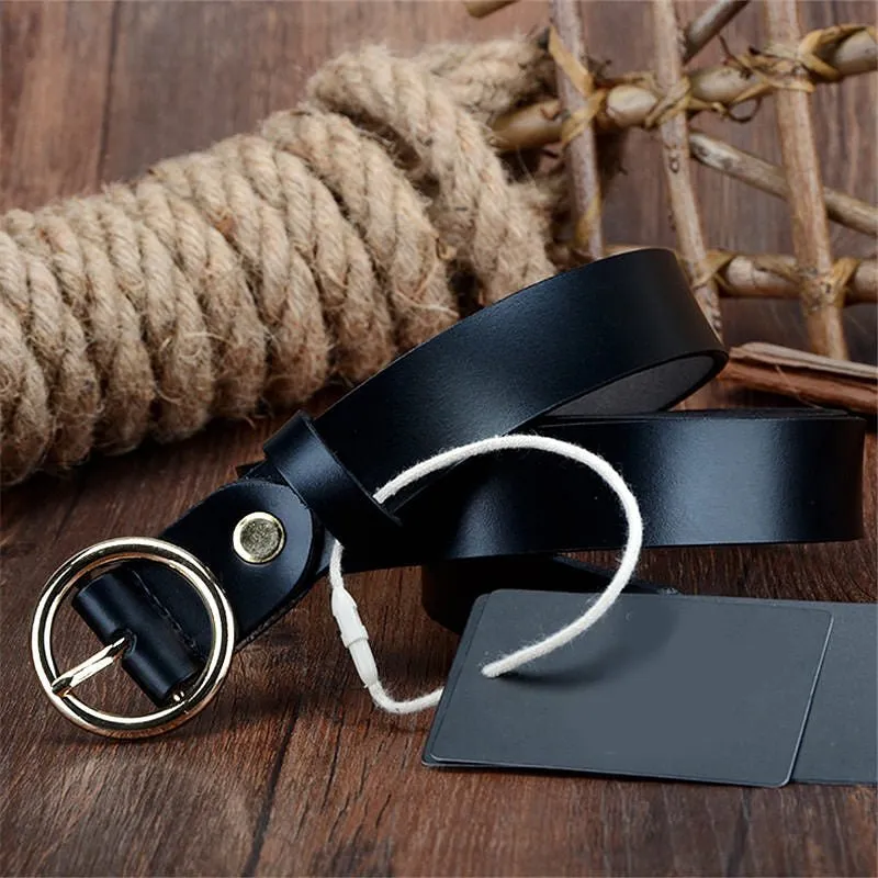 Round Buckled Genuine Cow Leather Belt for Women