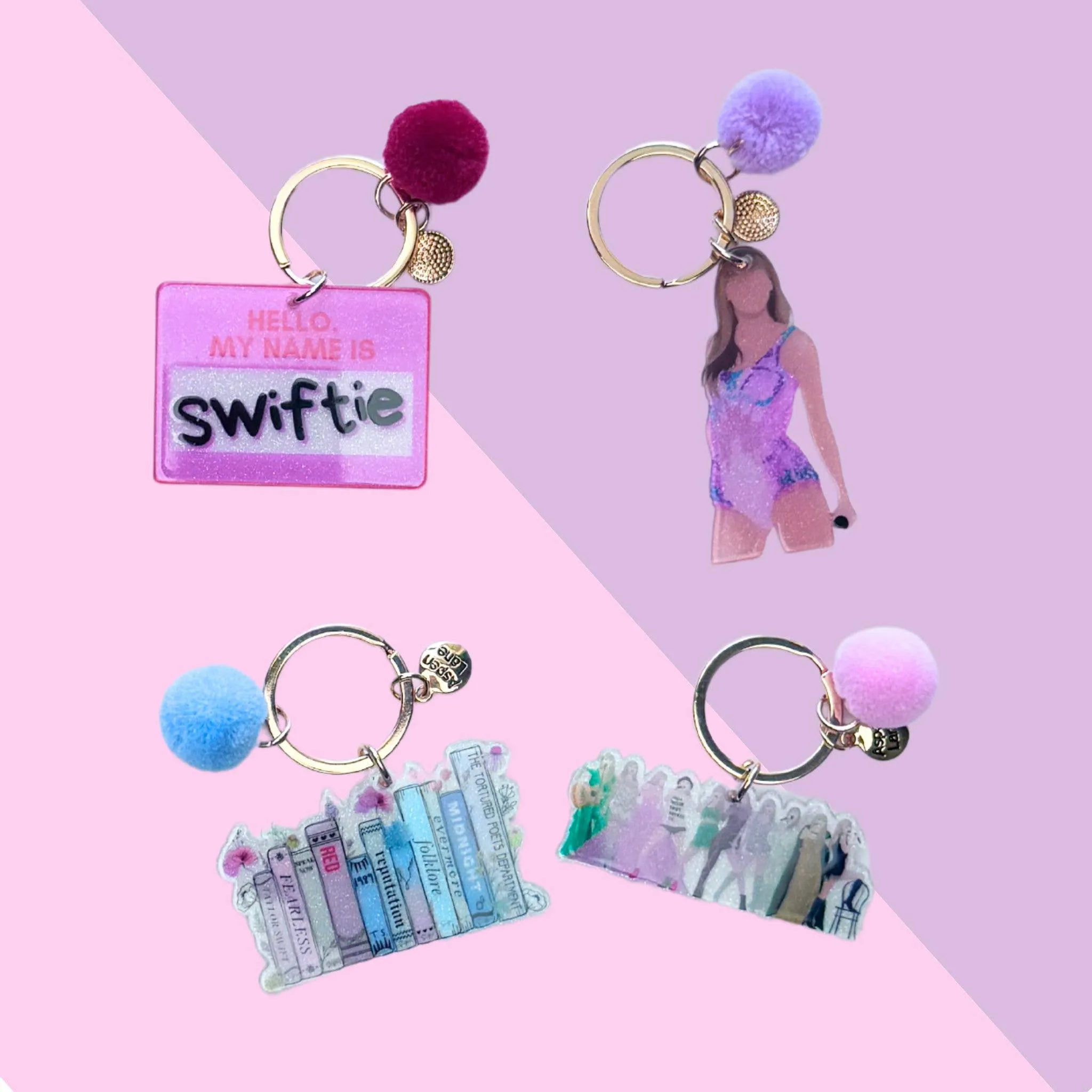 Taylor Swift Keychain and Backpack Charm w/ Pom  | 4 designs: Taylor Eras