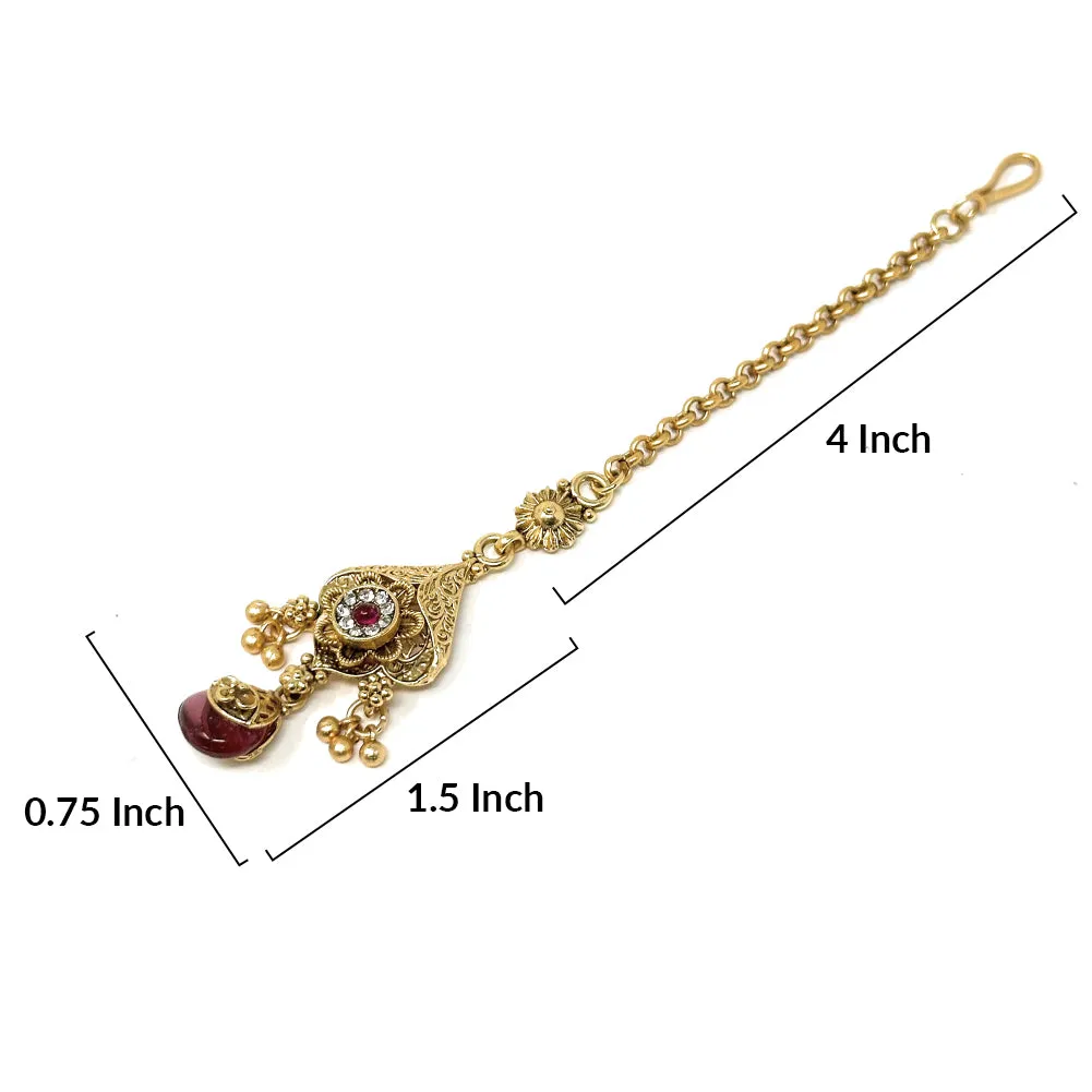 Traditional Indian Round Maang Tika Gold Plated with Red Drop Stone and Little Charms Forehead Head Hair Piece - Party Dance Wedding For Women Girls by Duel On Jewel