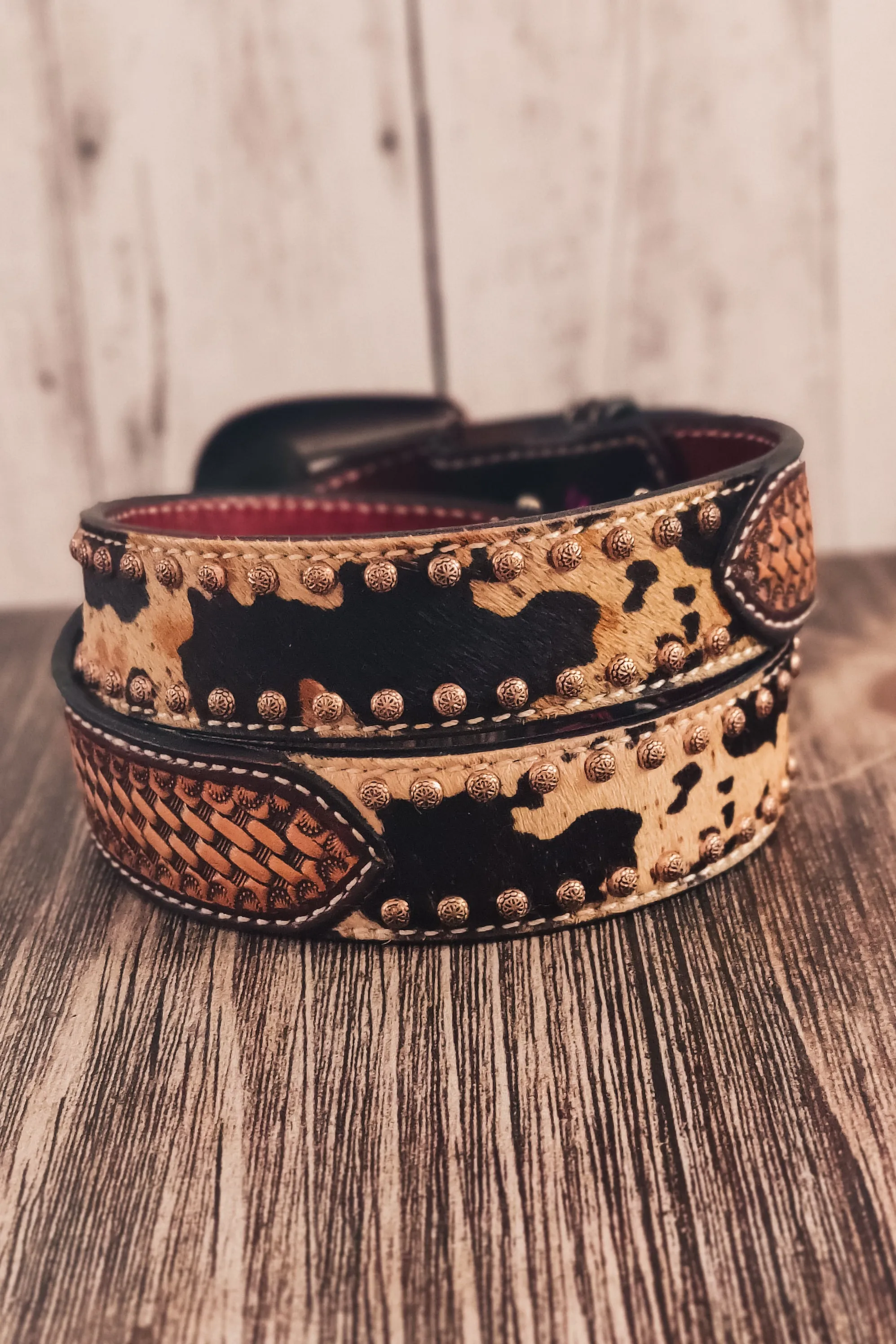 Tri-Color Hair On Hide Rafter T Tooled Belt