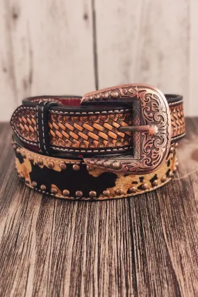 Tri-Color Hair On Hide Rafter T Tooled Belt