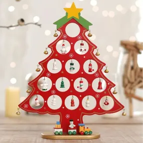 Wooden DIY Merry Mistletoe Tabletop Tree With 21 Ornaments - Red